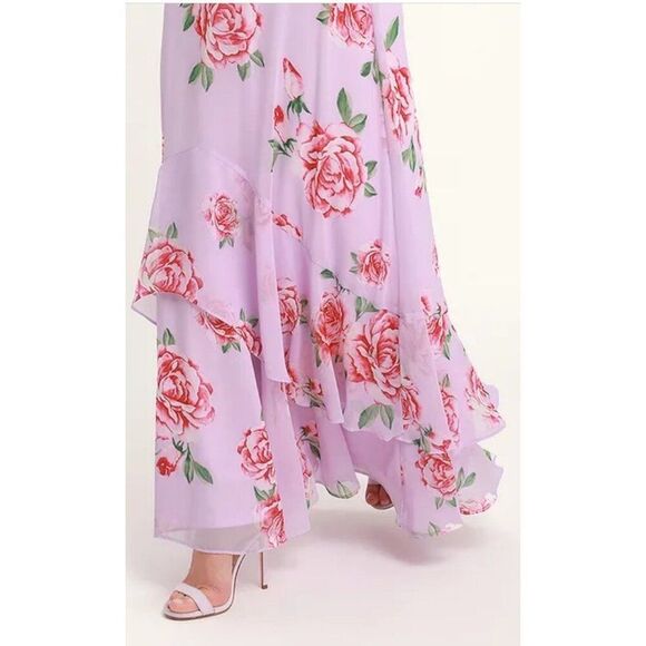 Lulu’s Take You There Lavender Floral Print Maxi Dress M Flowy Tiered Roses - Picture 8 of 10